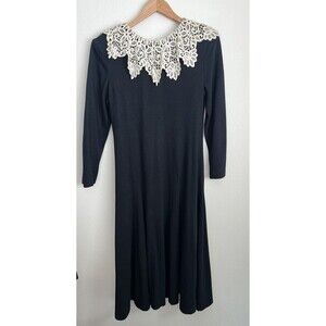 VTG 80s Wool Blend Victorian Gothic Dress Crotchet Bib Collar Black 10